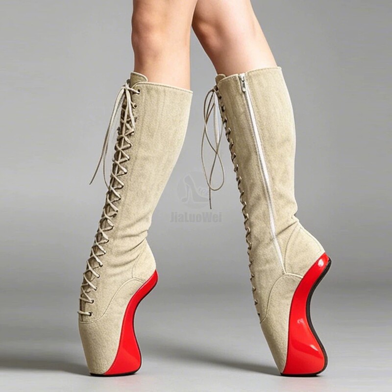 New Cross-Strap 18cm Ballet High-Heeled Queen Mid-Boots Patent Leather Tight-Fitting Heelless Horseshoe Character High-Heeled Shoes