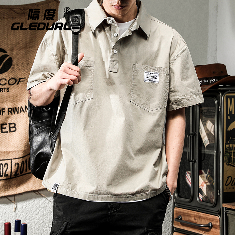 American Retro Thin Workwear Polo Shirt Men's Short-Sleeved Loose Pure Cotton Casual Cool Shirt Summer Trendy Brand