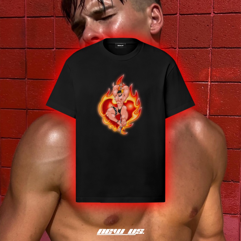 Flame Muscle "Fireboy" Sexy Print Niche Design Hot Guy Slim Fit Black Short-Sleeved T-Shirt Top