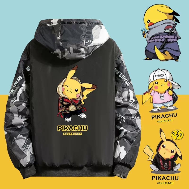 Nam và nữ áo khoác mới áo khoác đệm bông học sinh nam nữ rộng rãi có mũ trùm đầu Pikachu áo khoác đệm bông mùa thu và mùa đông cặp đôi học sinh trung học - Bông