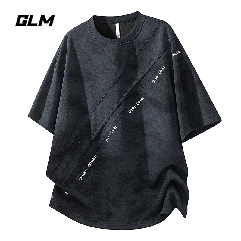 Glm Official Authentic Tie-Dye Printed Diagonal Cut Design Short-Sleeved T-Shirt for Men, Summer and Autumn Loose and Breathable Black Top