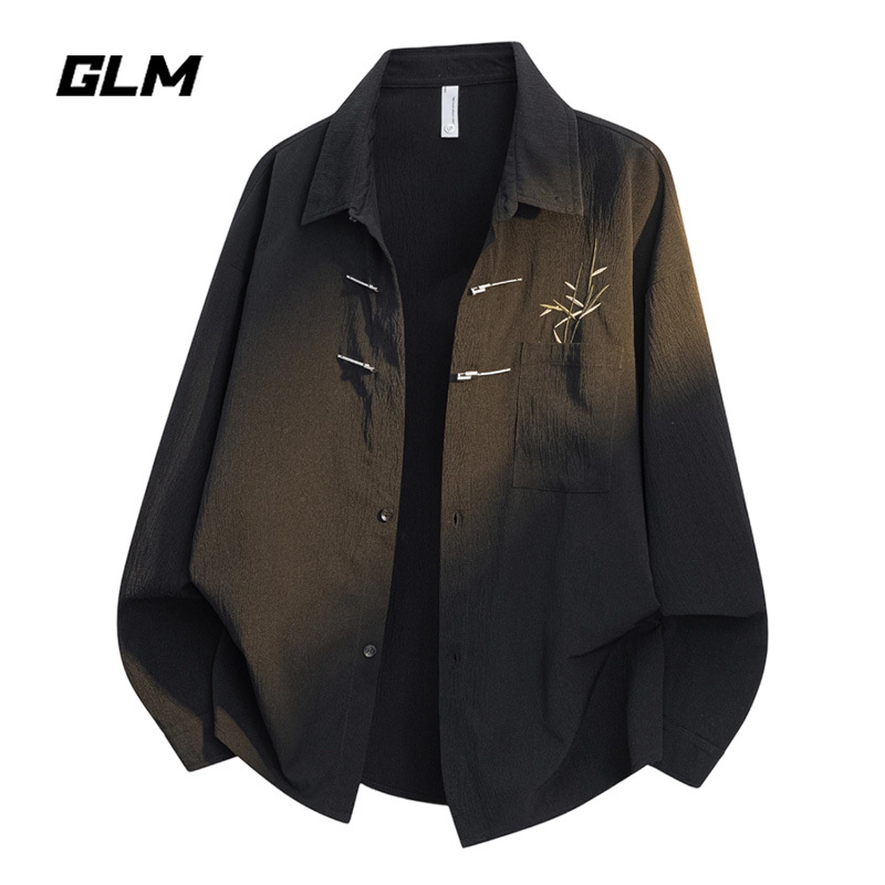 Glm Official Authentic New Chinese-Style Embroidered Long-Sleeved Shirt for Men, Very Stylish Spring and Summer Outfit, Chinese-Style Casual Shirt