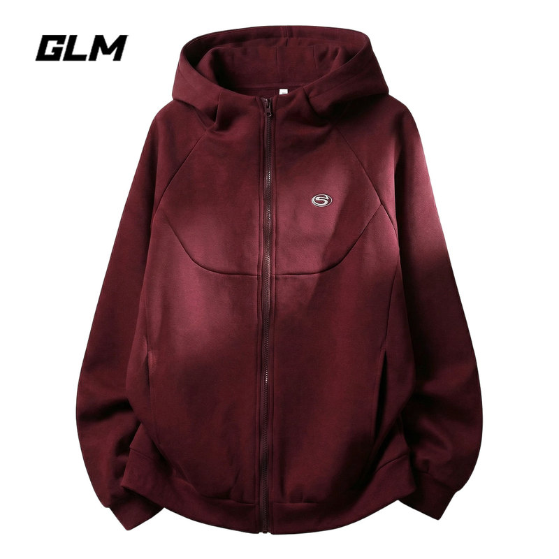 Glm Official Authentic Casual Hooded Sweatshirt for Men, Spring Burgundy Zip-Up Cardigan, Loose and Versatile Jacket, Trendy Brand