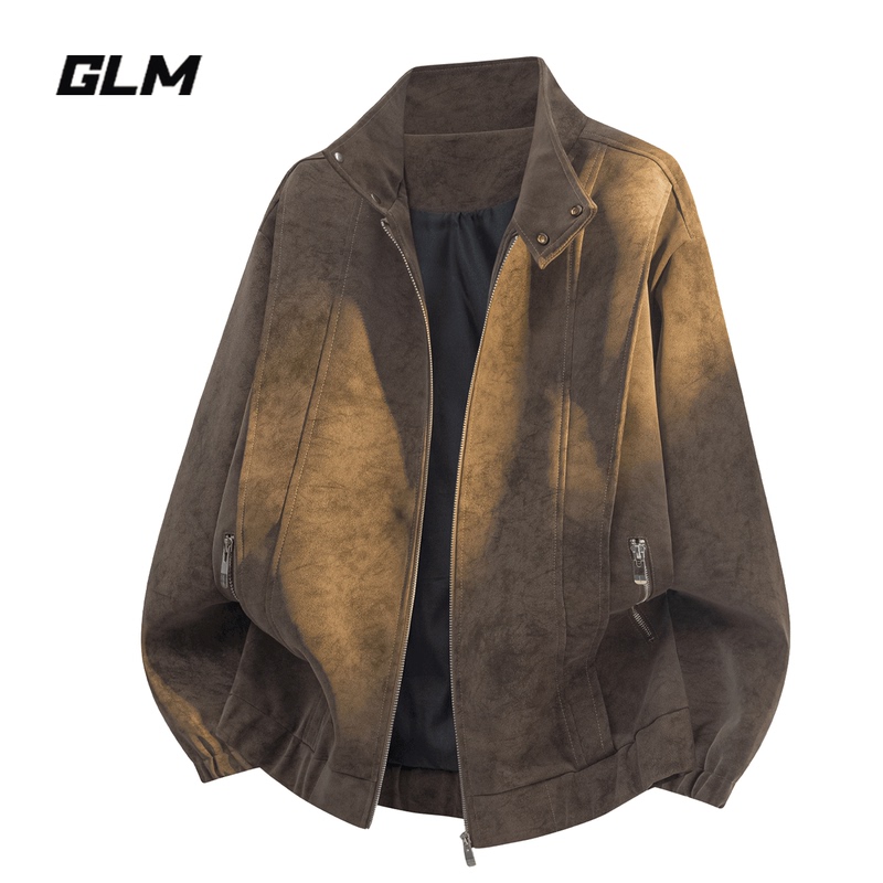 Glm Official Authentic American Retro Loose Leather Jacket for Men, Spring and Summer, Rust Color, Urban High-End Style, Stand Collar Jacket