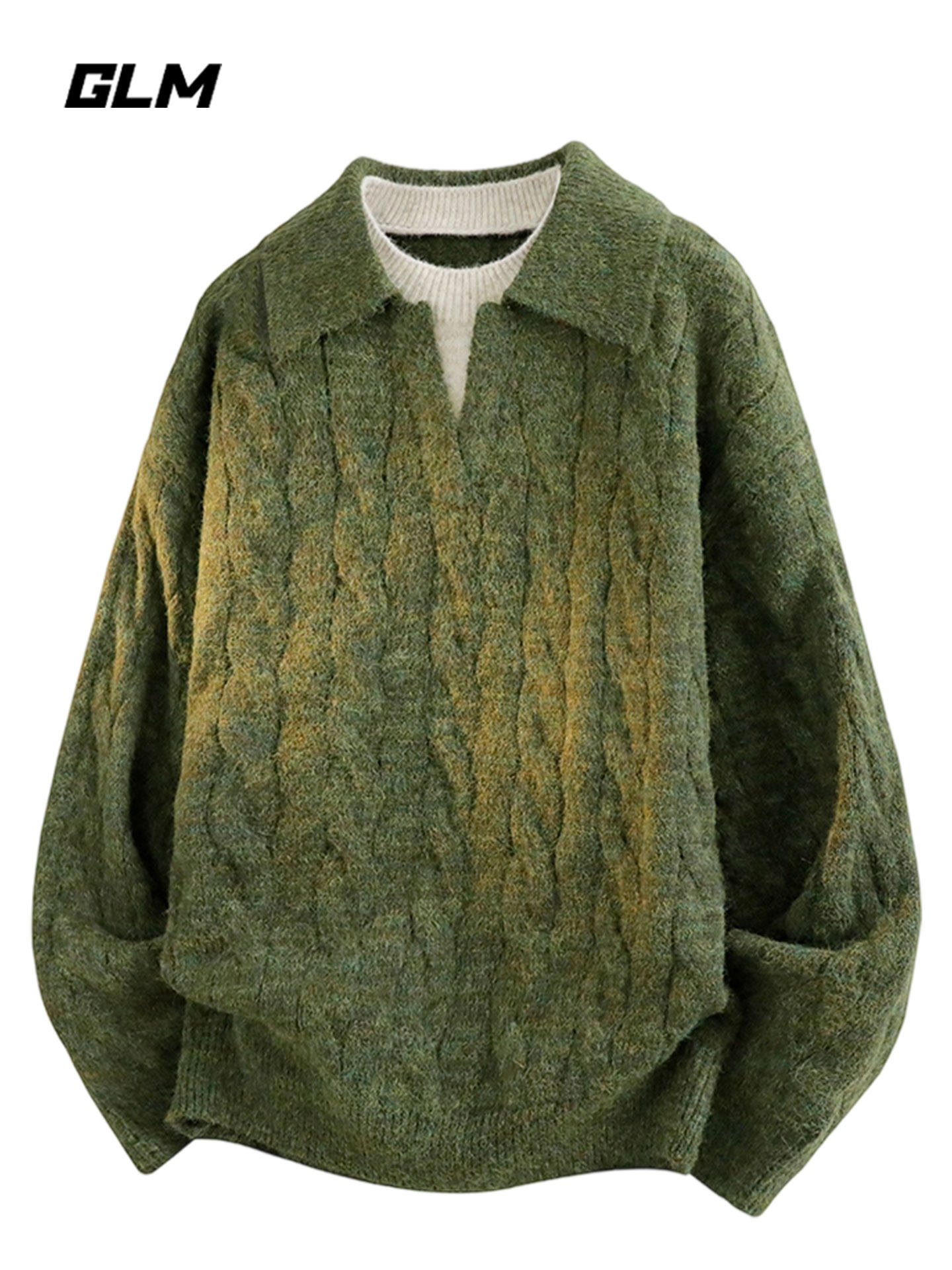 Glm Official Genuine Green Old Money Fake Two-Piece French Retro Cable Knit Sweater Men's Autumn and Winter Top