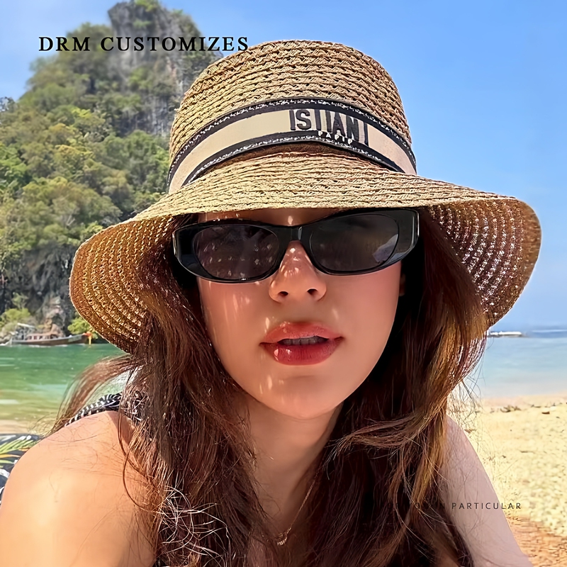 D Brand Hollow-Out Wide-Brimmed Women's Summer Flat-Top Sun Hat, Sun Protection Straw Hat with a High-End Feel for the Beach