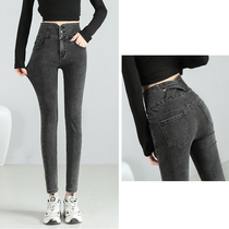 High waist ribs Buttoned Jeans Woman 2022 new spring season elastic Conspicothin Big Code Small Feet Blue Pants Wear Long Pants