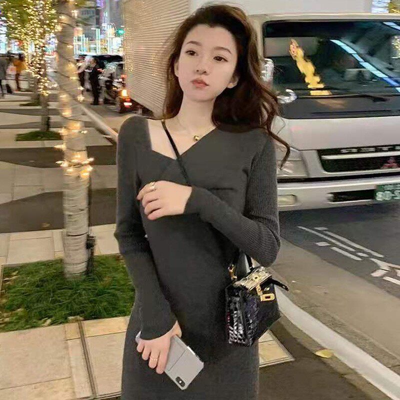 sandro asw irregular knitted dress women's 2022 autumn Korean version V-neck temperament thin bottoming sweater dress