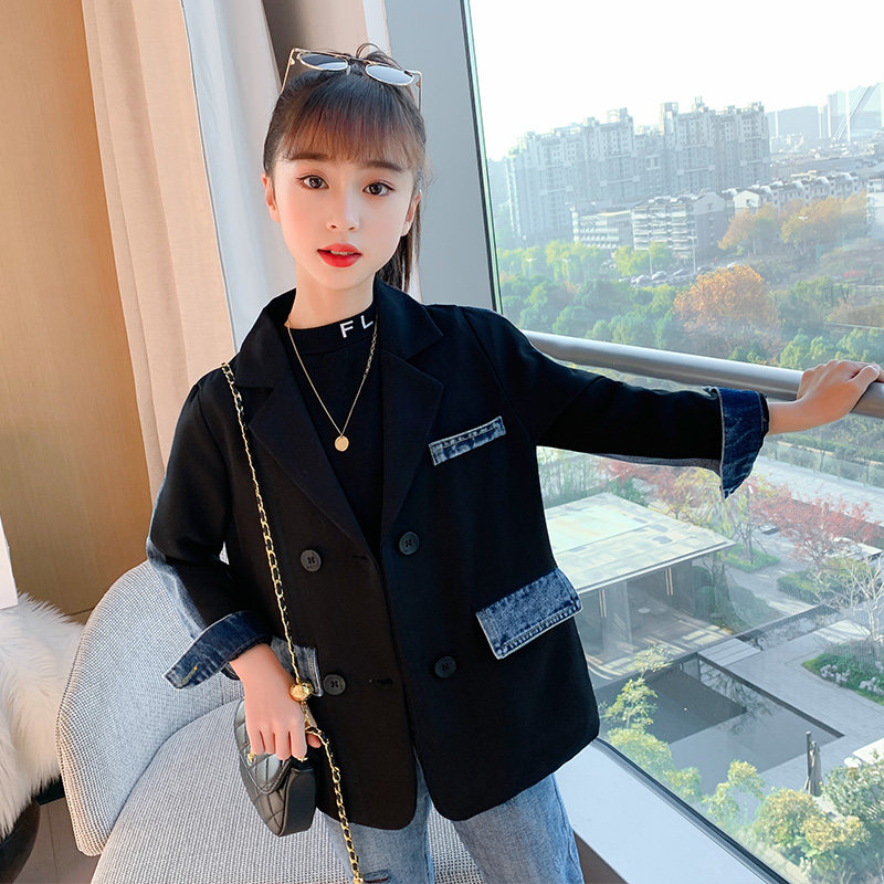 Girl Suits Jacket Jeans Stitching Spring Autumn Clothing 2022 New Children Men and women The same Western suit CUHK Scout