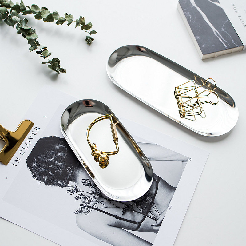 ins Nordic style oval metal small plate golden stainless steel tray afternoon tea dessert tray jewelry storage tray