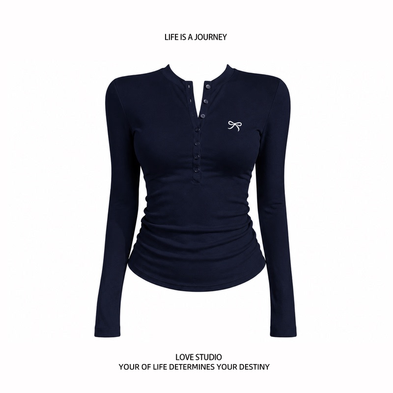 Babybunny American Sweet and Spicy Bow Tie Henry Collar Long-Sleeved T-Shirt for Women in Autum Slim Fit Short Top Babybunny American Sweet and Spicy Bow Tie Henry Collar Long-Sleeved T-Shirt for Women in Autum Slim Fit Short Top
