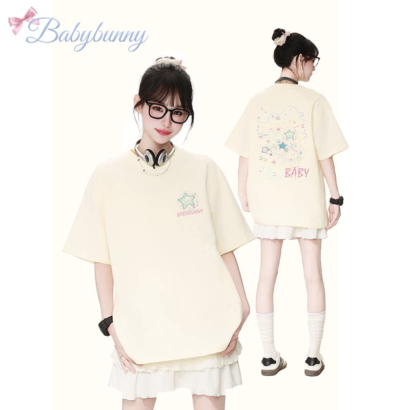 Babybunny ハンドペイント グラフィティ 星空プリント 半袖Tシャツ レディース、2026年新スタイル、純綿、ゆったりフィット、カップルトップス、トレンディ