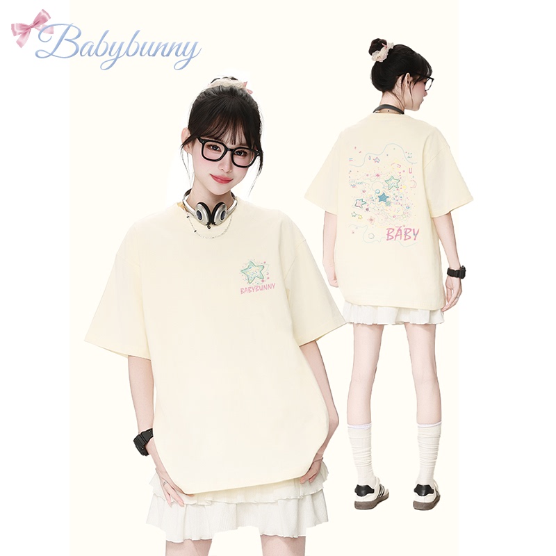 Babybunny Hand-Painted Graffiti Starry Sky Print Short-Sleeved T-Shirt for Women 2026 New Pure Cotton Loose Couple Tops Trendy