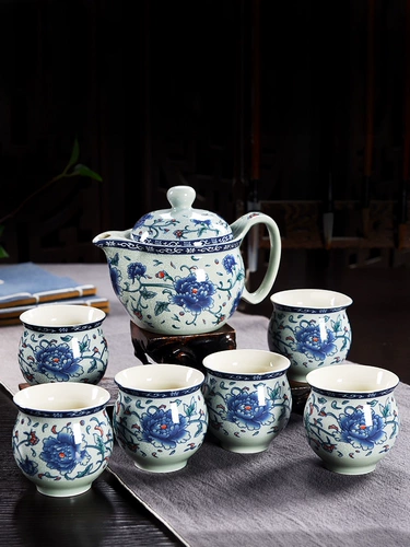 Чайный сервиз, комплект, двухэтажная глина, чашка, сине-белый заварочный чайник, защита от ожогов, китайский стиль, простой и элегантный дизайн