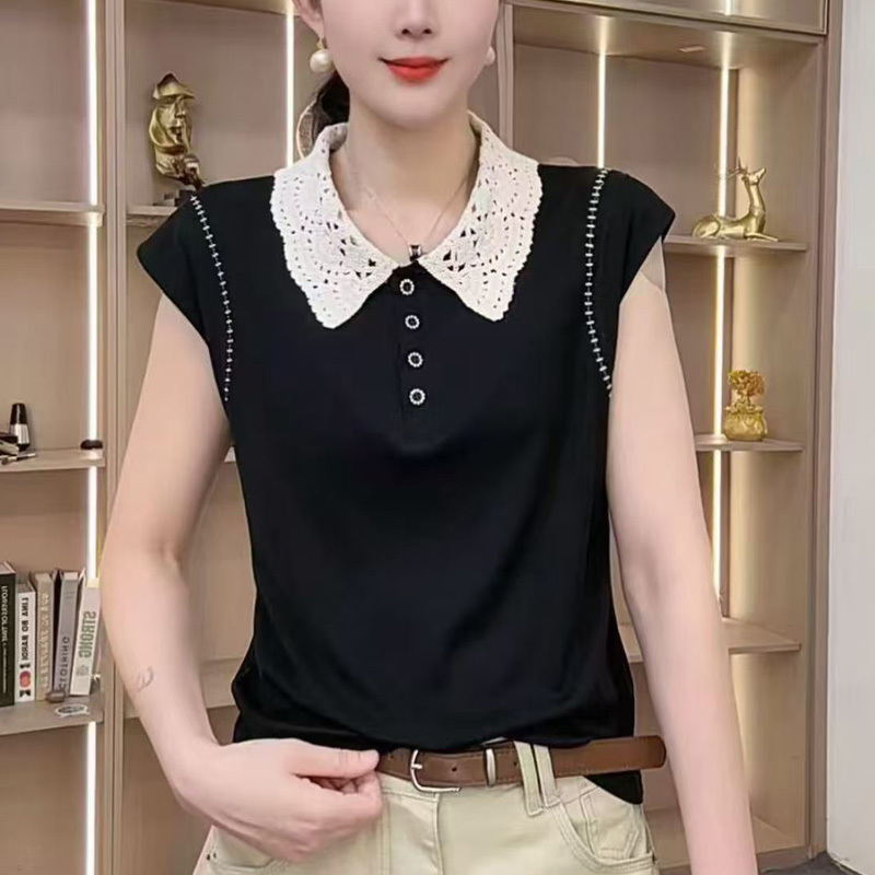 Middle-Aged Women's Collared Short-Sleeve Pure Cotton T-Shirt, Summer 2026 New Style, Stylish Mom Lace Trim Solid Color Slimming Top