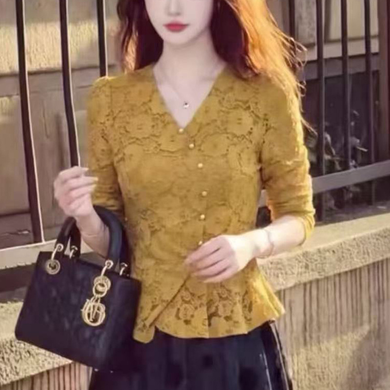 French-Style Women's V-Neck Lace Shirt Long-Sleeve T-Shirt Early Autumn New Fashion Sweet Youthful Slimming Base Shirt Top for Women