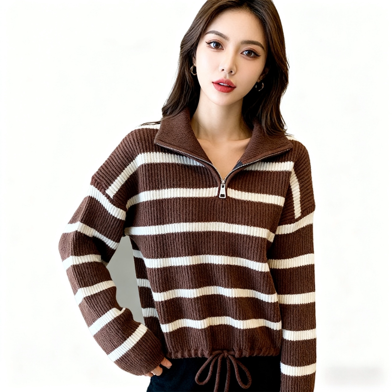 Korean Style Coffee-Colored Striped Half-Zip Lapel Sweater for Women, New Autumn and Winter Style, Super Nice, Unique and Beautiful Knit Top