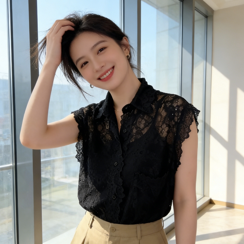 High-End Black Hollow-Out Lace Shirt for Women, New Summer Fashion Trend, Stylish Turn-Down Collar, Mature Short-Sleeve Top