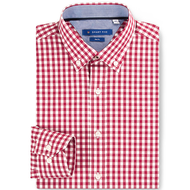 SmartFive contrasting color slim red plaid shirt men's long-sleeved pure cotton fashion youth American casual shirt