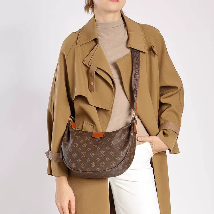 Mkdn Women's New Fashion Retro Large-Capacity Monogram Dumpling Bag with Wide Shoulder Strap Crossbody Bag