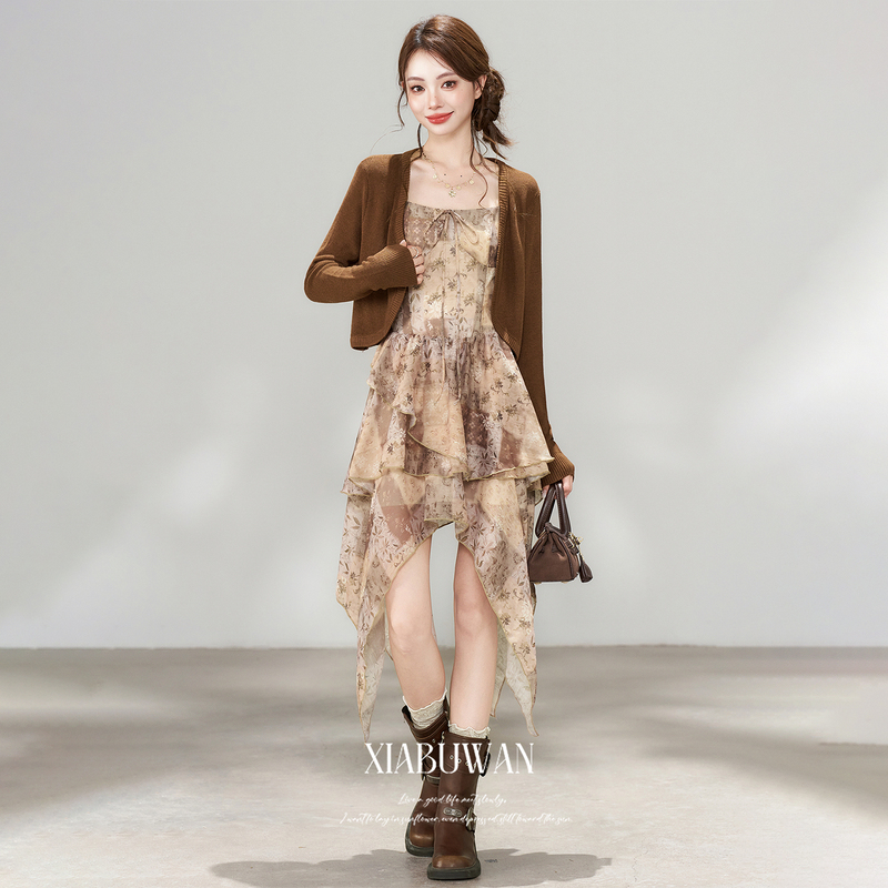 Summer Chic High-End Set for Women: 2026 New Autumn Cardigan with Irregular Strap Dress Summer Chic High-End Set for Women: 2026 New Autumn Cardigan with Irregular Strap Dress