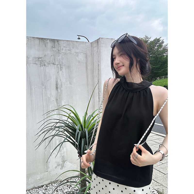 Ookstudios Black/White Ribbon Sleeveless Top 2026 New Summer Sleeveless Halter Top for Women