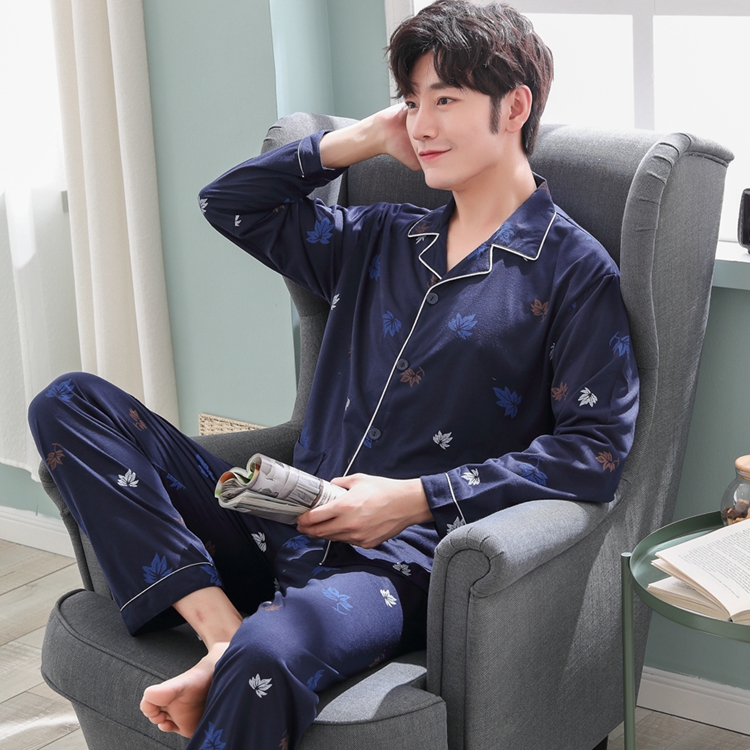 Mùa xuân và mùa thu mens dài tay bông pajama bộ cộng với chất béo cộng với mã 200 pound lỏng lẻo giữa năm mùa thu / mùa đông nhà quần áo.