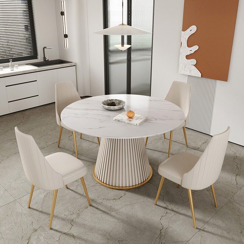 Nordic light luxury marble dining table small apartment home high-end net red dining room rock slab round table one table six chair combination