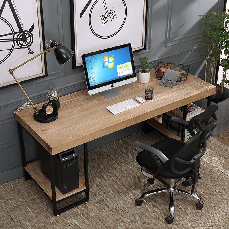 Home solid wood computer desk modern bedroom desk loft study desk long table log desk and chair combination