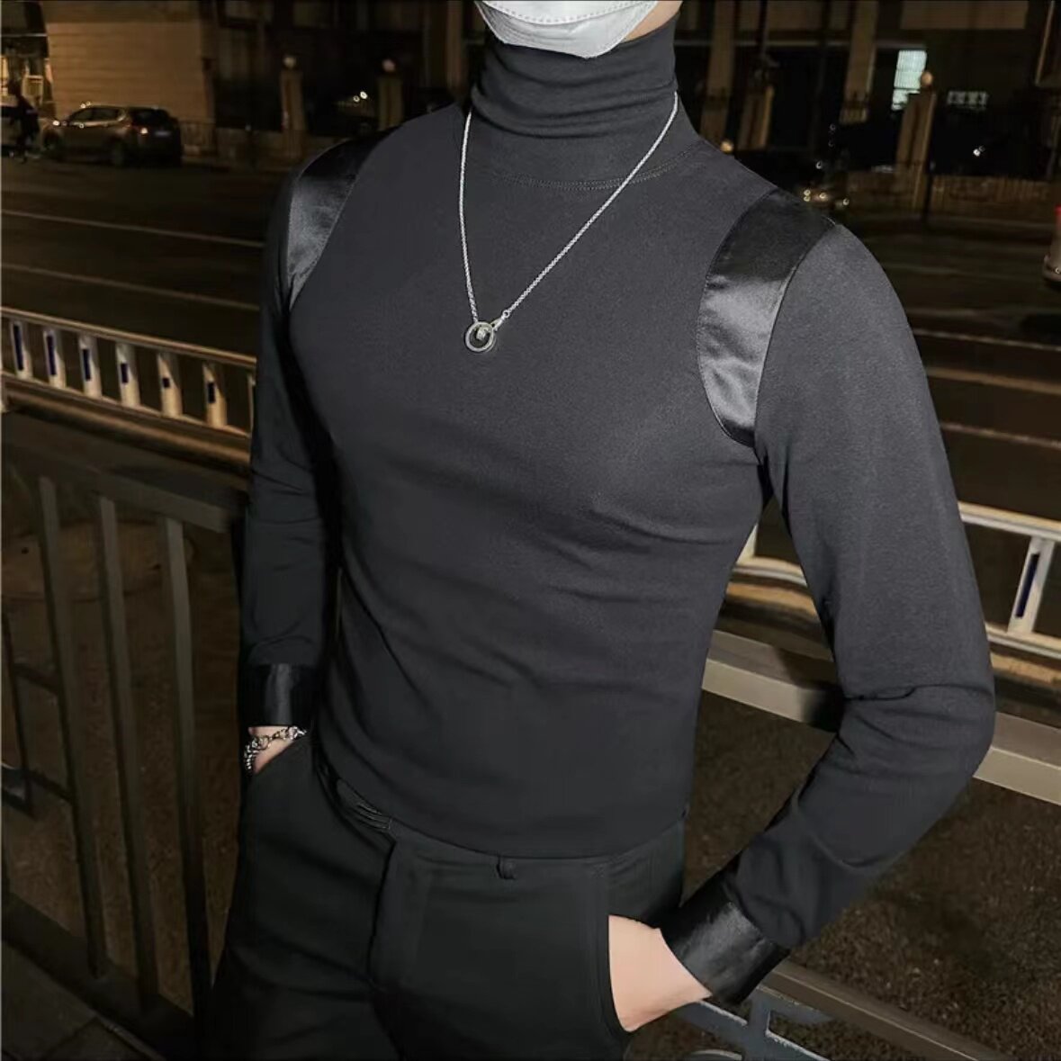 刘大鹏男装韩版修身男士高领加绒保暖长袖T恤拼接半高领打底衫-阿里巴巴