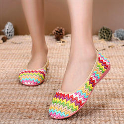 New Spring and Summer Old Beijing Cloth Shoes Breathable Casual Woven Flat Non-Slip Maternity Shoes Rainbow Women's Single Embroidered Shoes for Women