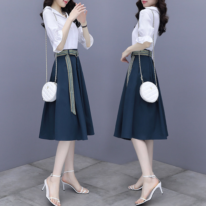Lightly cooked shirt dress women's spring summer dress 2022 new style waist thin temperament two-piece set a-word skirt