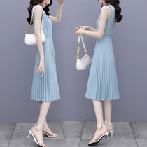 Blue dress Women summer 2021 new waist thin celebrity temperament advanced sense pleated A- line dress