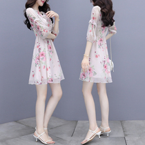 Chiffon dress small spring dress 2021 new female waist thin gentle temperament V collar printing Super fairy