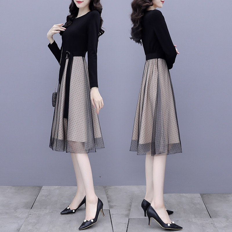 Long sleeve black dress women's spring 2022 new waist slim socialite temperament small fragrant wind mesh skirt