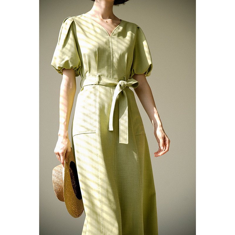 Okerui Retro Style Light Green V-neck Puff Sleeve French Dress Slim Mid-Length Skirt 2023 Women's Summer