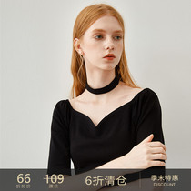  Late summer clearance) Retro one-shoulder slim-fit V-neck off-the-shoulder short-sleeved mid-sleeve T-shirt Clavicle black cotton top
