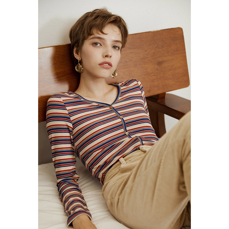 Okorui Mustang Rainbow Stripe ~ Vintage Long sleeve T-shirt V-neck Slim fit knitted base shirt for women early