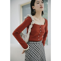 Ou Rui You Fan Fan ~ Retro Square Neck Long Sleeve T-shirt Wool Sweater Knitted base shirt Slim Women Autumn