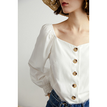  Okorui retro French square collar~Design sense niche bubble sleeve top Long-sleeved shirt loose shirt womens spring