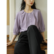 Eurocan Reys lazy style High sense round collar blouses white shirt loose and small crowddesign shirt lady spring summer