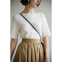 Eurocan ReKAN About one Shoulder Neckline Knit Short Sleeve T-shirt Undershirt Loose Korean version blouse Womens pure color 2022 Summer