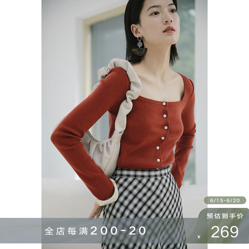 Eurocan's elegant and charming ~ retro square collar Long sleeves T-shirt wool sweater knit undershirt for women's autumn