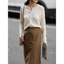 Ou Rui winter vintage single product ~ suede wave dot split skirt high waist step A- line dress long style