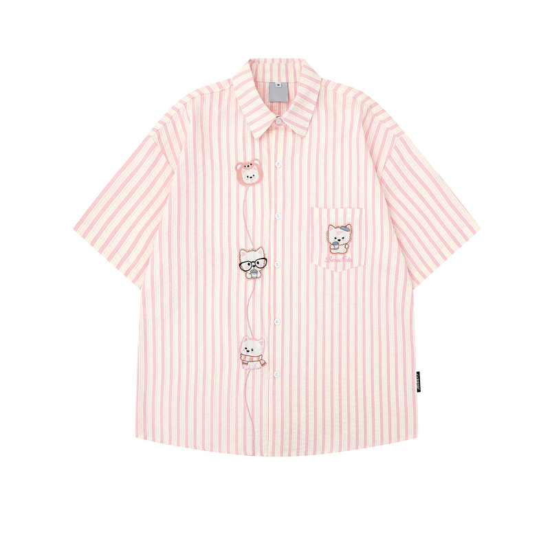 American Retro Line Embroidery Puppy Striped Short-Sleeved Shirt for Women, Loose and Lazy Style, Student Couple Outerwear Shirt