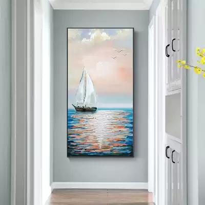 Simple modern plain sailing hand-painted oil painting entrance entrance decorative painting landscape hanging painting vertical aisle mural