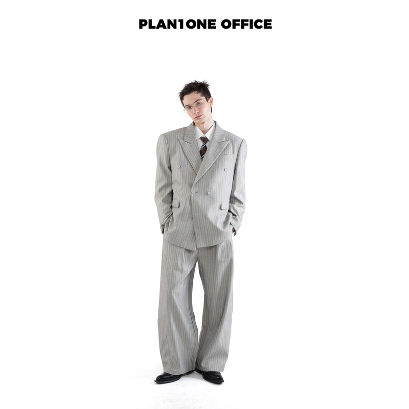 Plan1One 26Aw Old Money New Rich Striped Suit Jacket Light Luxury Structured Wide Shoulder Double-Breasted Blazer Plan1One 26Aw Old Money New Rich Striped Suit Jacket Light Luxury Structured Wide Shoulder Double-Breasted Blazer