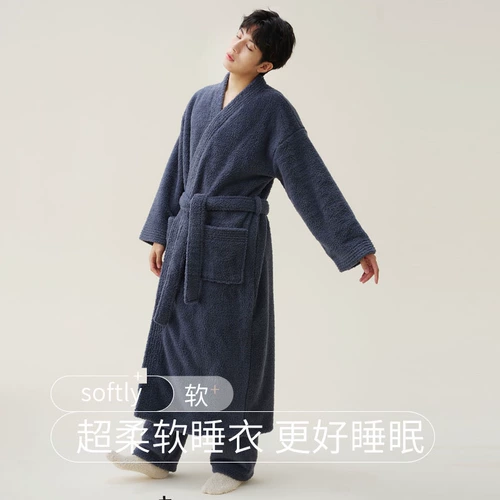 Демисезонный коралловый бархатный банный халат для влюбленных, длинная зимняя пижама, увеличенная толщина