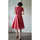 Ching's Hepburn retro cotton and linen dress vintage waist slimming V-neck wide paper long skirt umbrella skirt