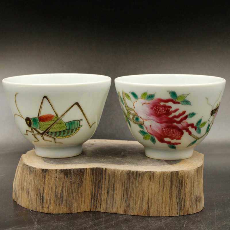 Jingdezhen Ceramic factory goods old goods Cultural Revolution porcelain tasting cup Single cup teacup hand painted pink Grasshopper more than three Single Cup